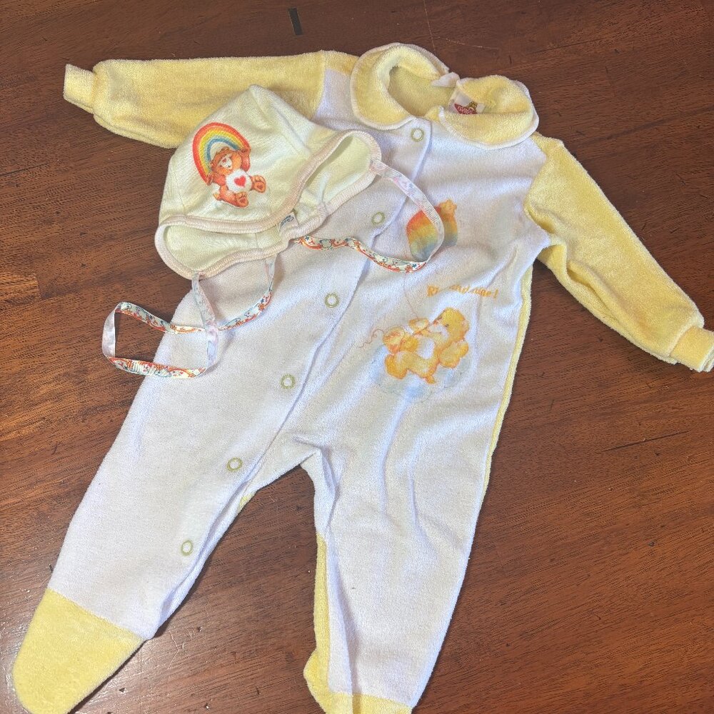 Vintage CareBear Footie PJ & Bonnet Set - Size Medium 12-18lbs